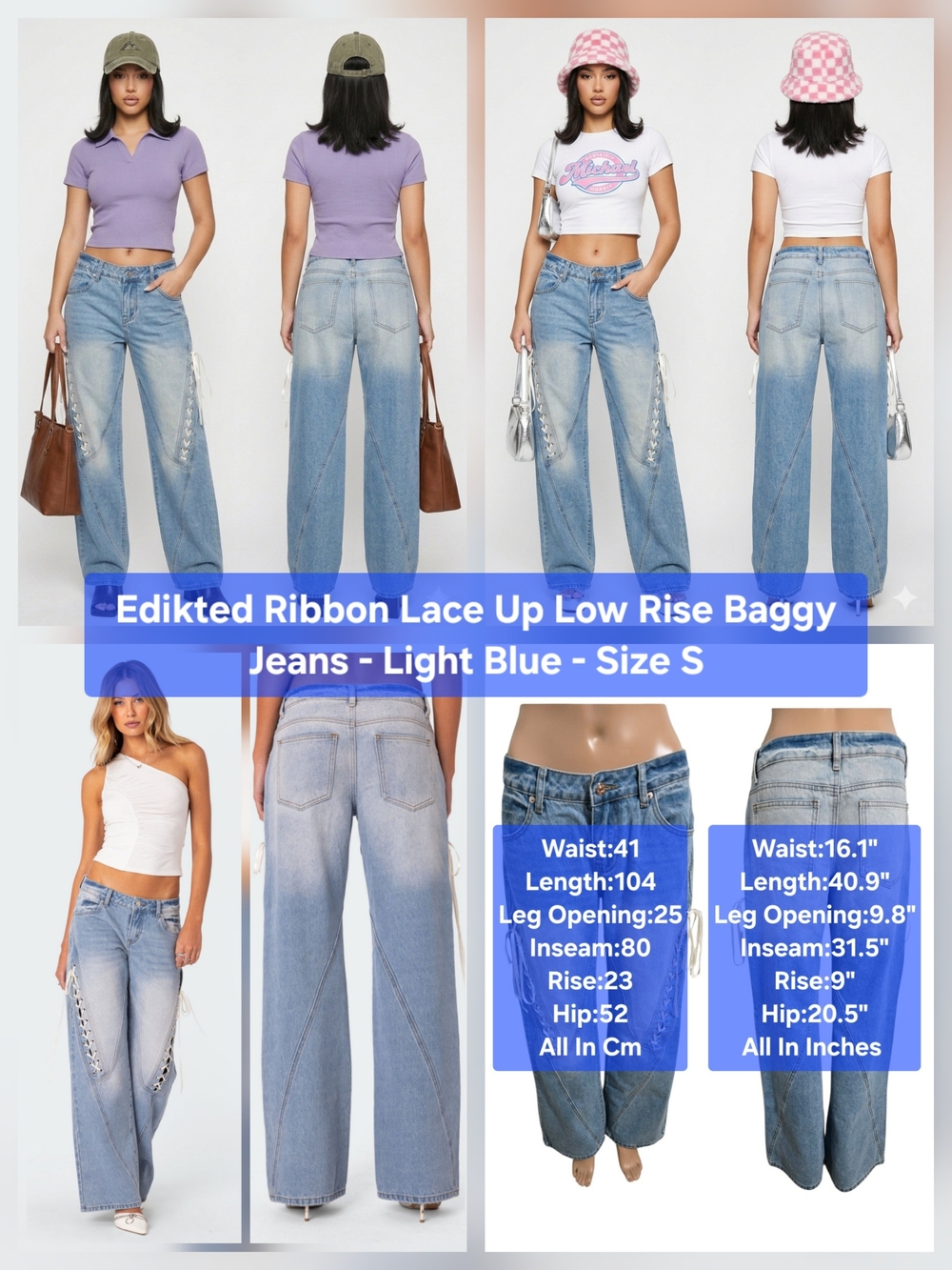 Edikted Ribbon Lace Up Low Rise Baggy Jeans - Light Blue - Size S